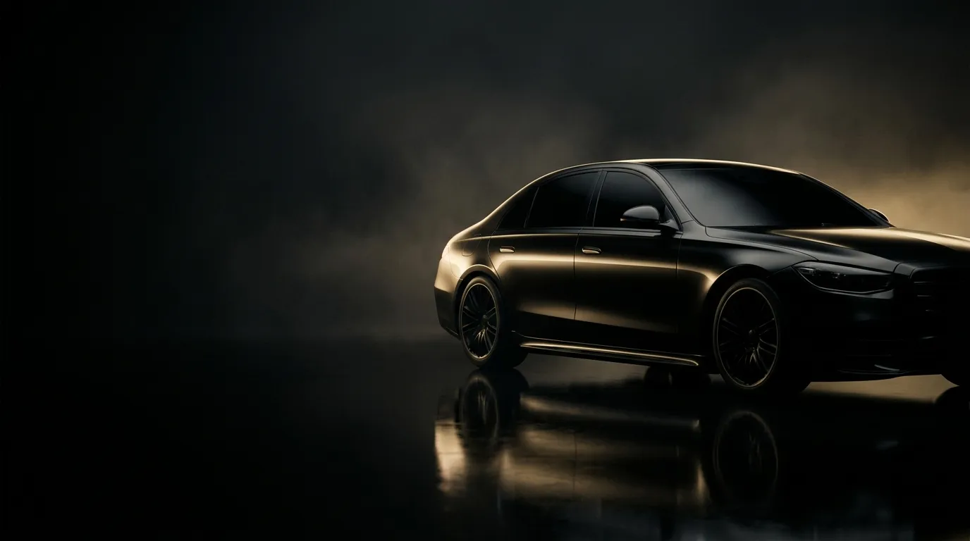 Black luxury sedan with HyperOptix ceramic tinted windows in a dark studio